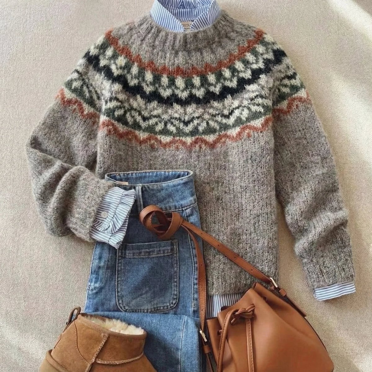 women's round neck fair isle sweater in light ash mix