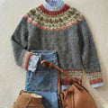 women's round neck fair isle sweater in stone gray mix