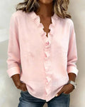 women's ruffle v-neck long sleeve blouse in pink