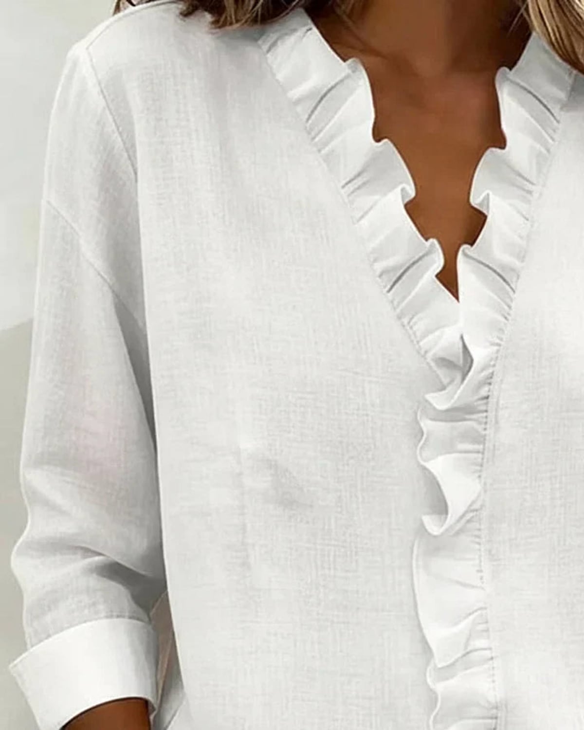 women's ruffle v-neck long sleeve blouse in white