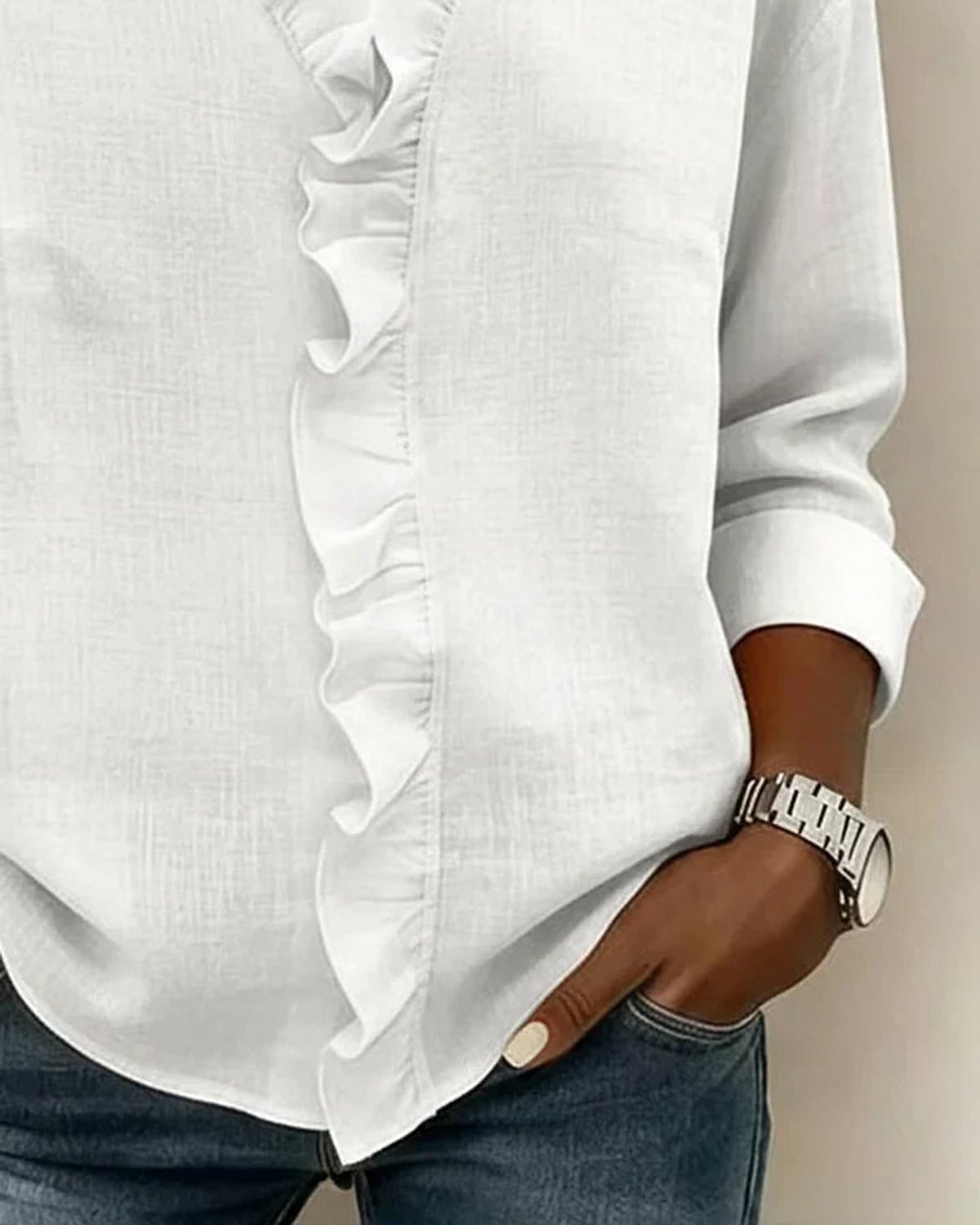women's ruffle v-neck long sleeve blouse in white
