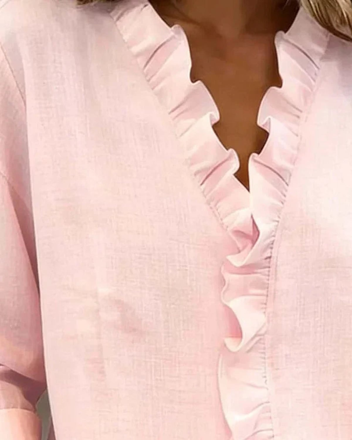 women's ruffle v-neck long sleeve blouse in pink