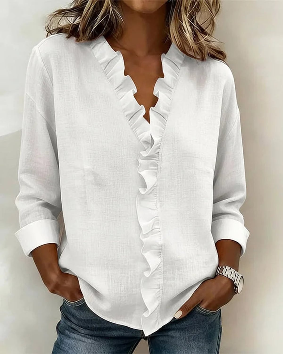 women's ruffle v-neck long sleeve blouse in white