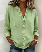 women's ruffle v-neck long sleeve blouse in green