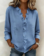 women's ruffle v-neck long sleeve blouse in blue