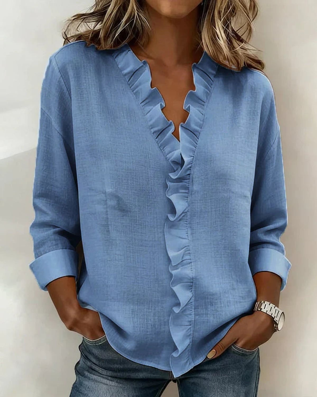 women's ruffle v-neck long sleeve blouse in blue