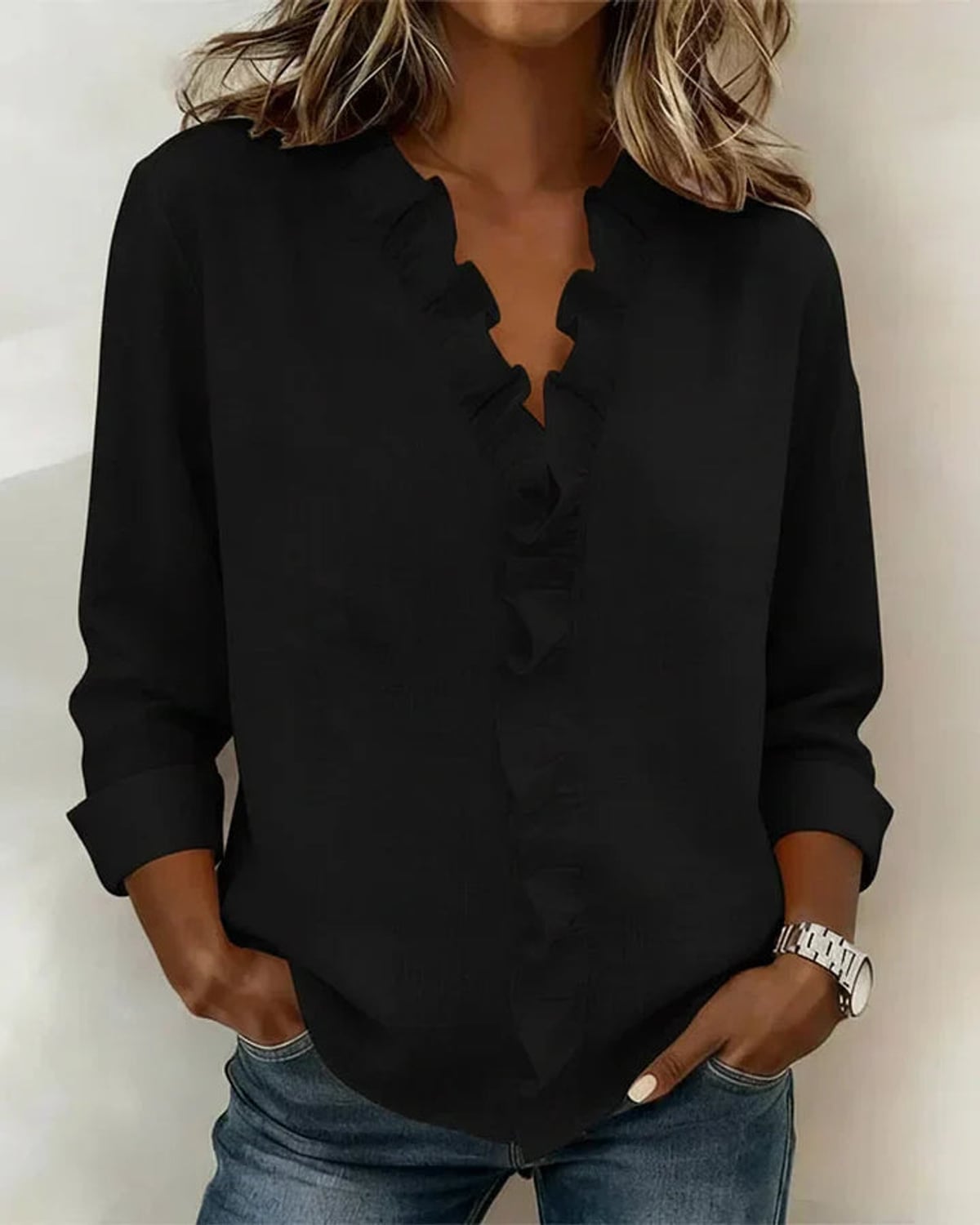 women's ruffle v-neck long sleeve blouse in black
