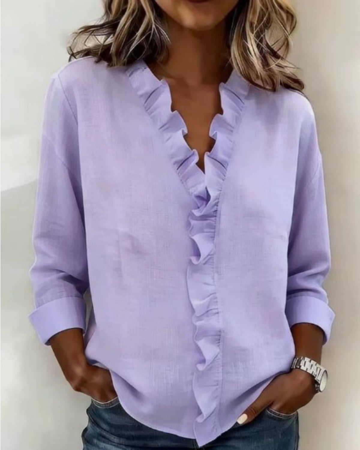 women's ruffle v-neck long sleeve blouse in purple