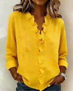 women's ruffle v-neck long sleeve blouse in yellow