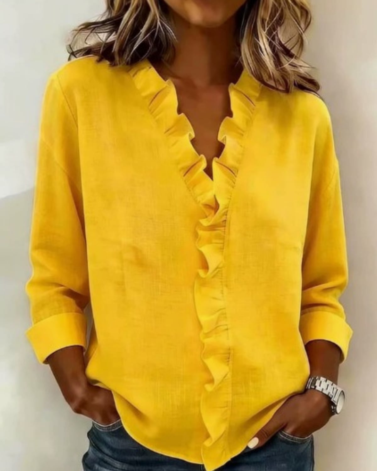 women's ruffle v-neck long sleeve blouse in yellow