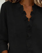 women's ruffle v-neck long sleeve blouse in black