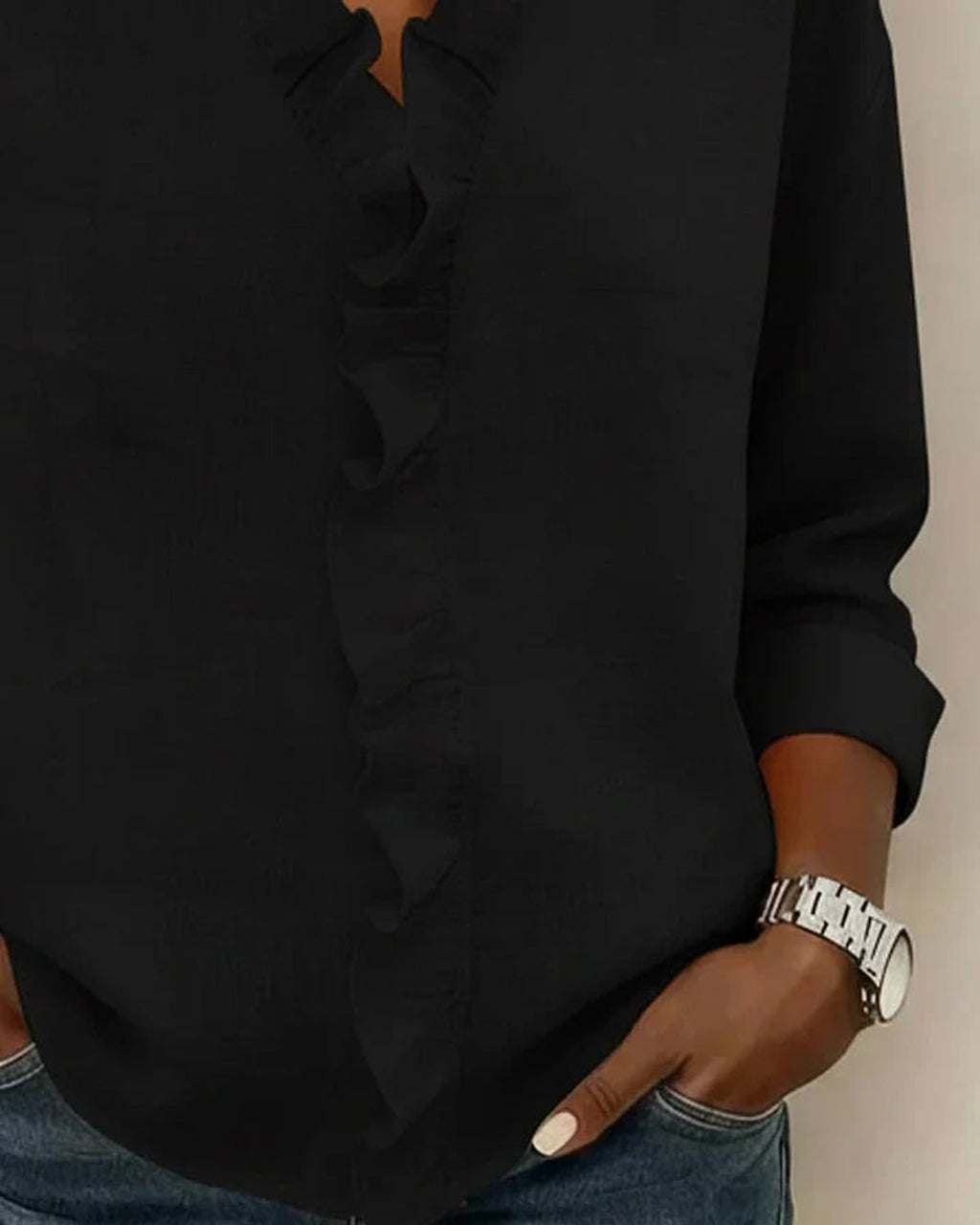 women's ruffle v-neck long sleeve blouse in black