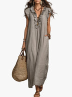 women's ruffle v-neck maxi dress in gray