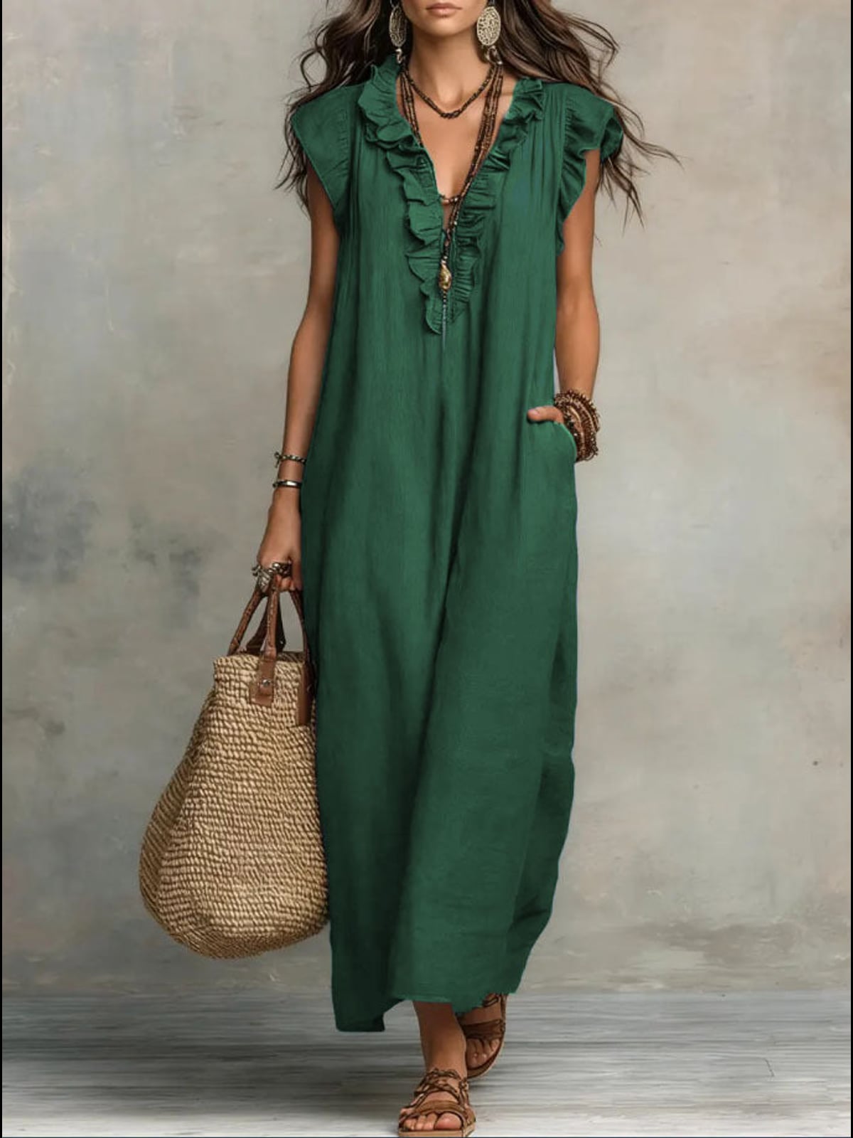 women's ruffle v-neck maxi dress in olive green