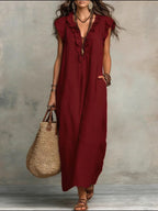 women's ruffle v-neck maxi dress in burgundy