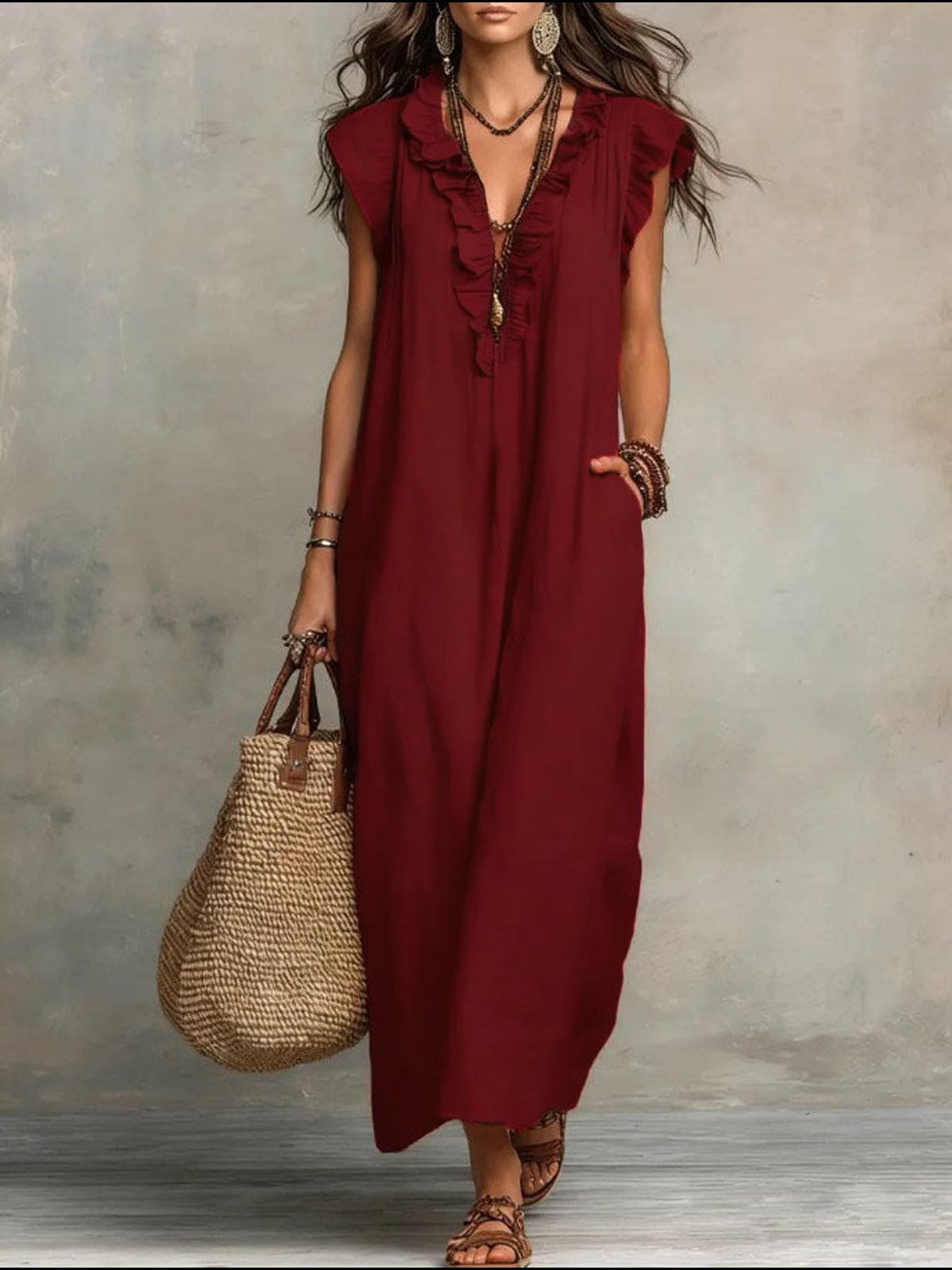 women's ruffle v-neck maxi dress in burgundy
