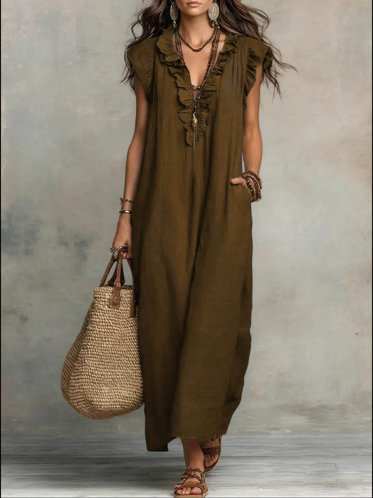 women's ruffle v-neck maxi dress in dark brown