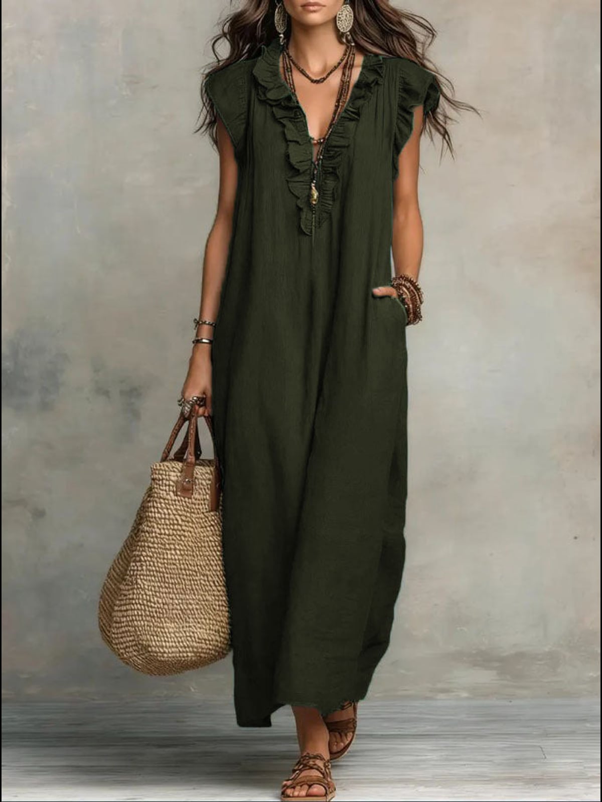 women's ruffle v-neck maxi dress in dark green