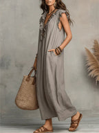 women's ruffle v-neck maxi dress in gray