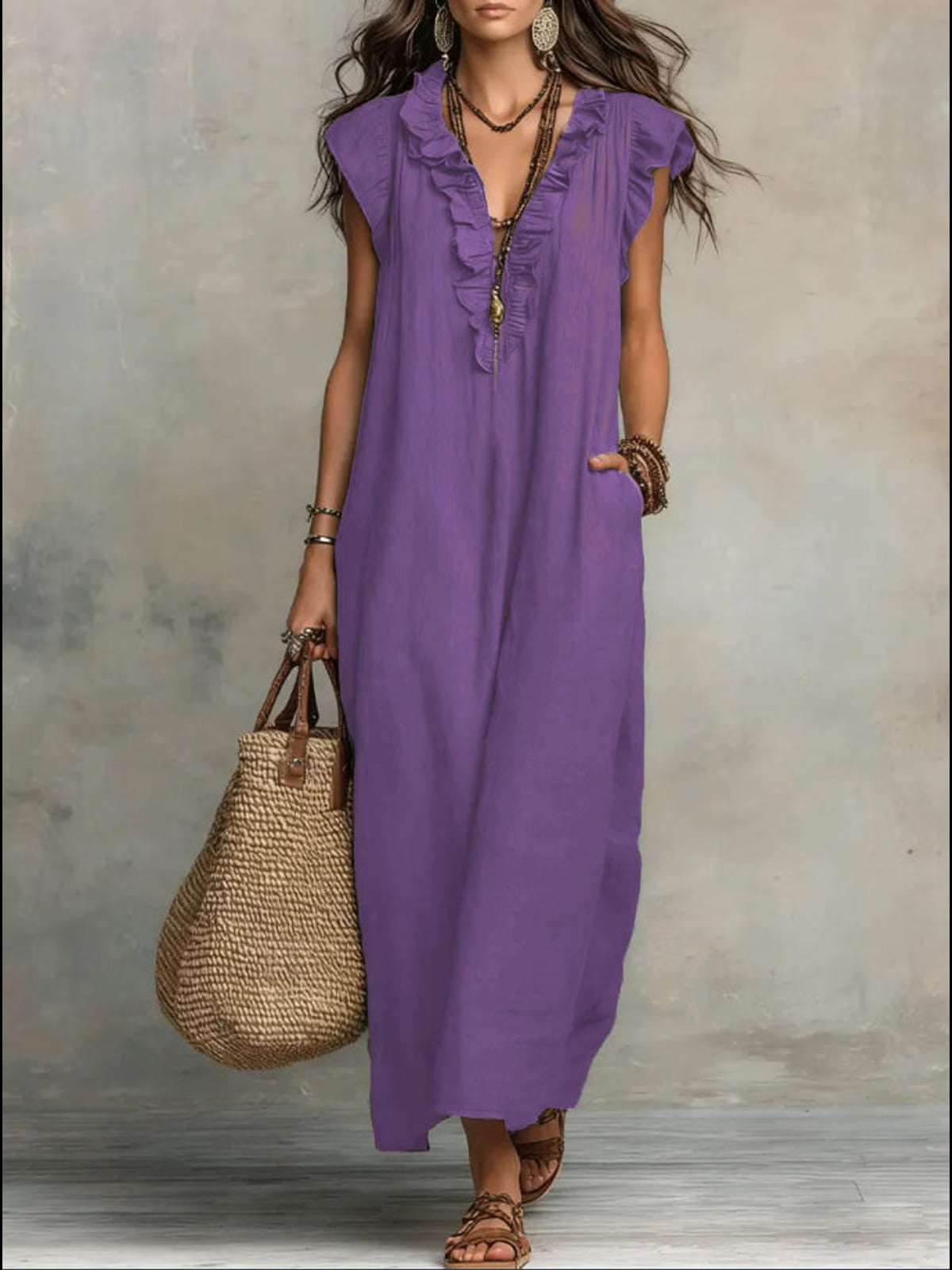women's ruffle v-neck maxi dress in purple
