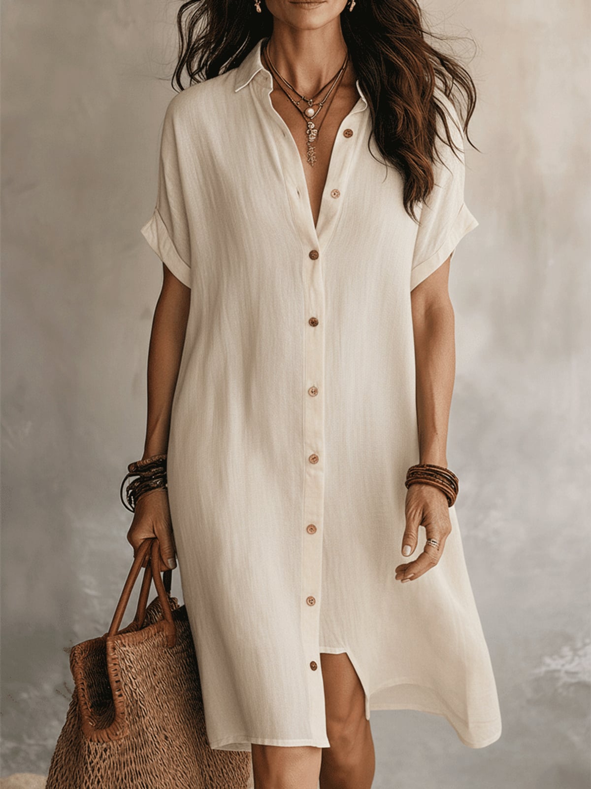 women's short sleeve midi shirt dress in white