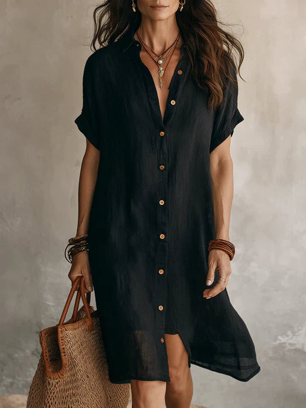 women's short sleeve midi shirt dress in black