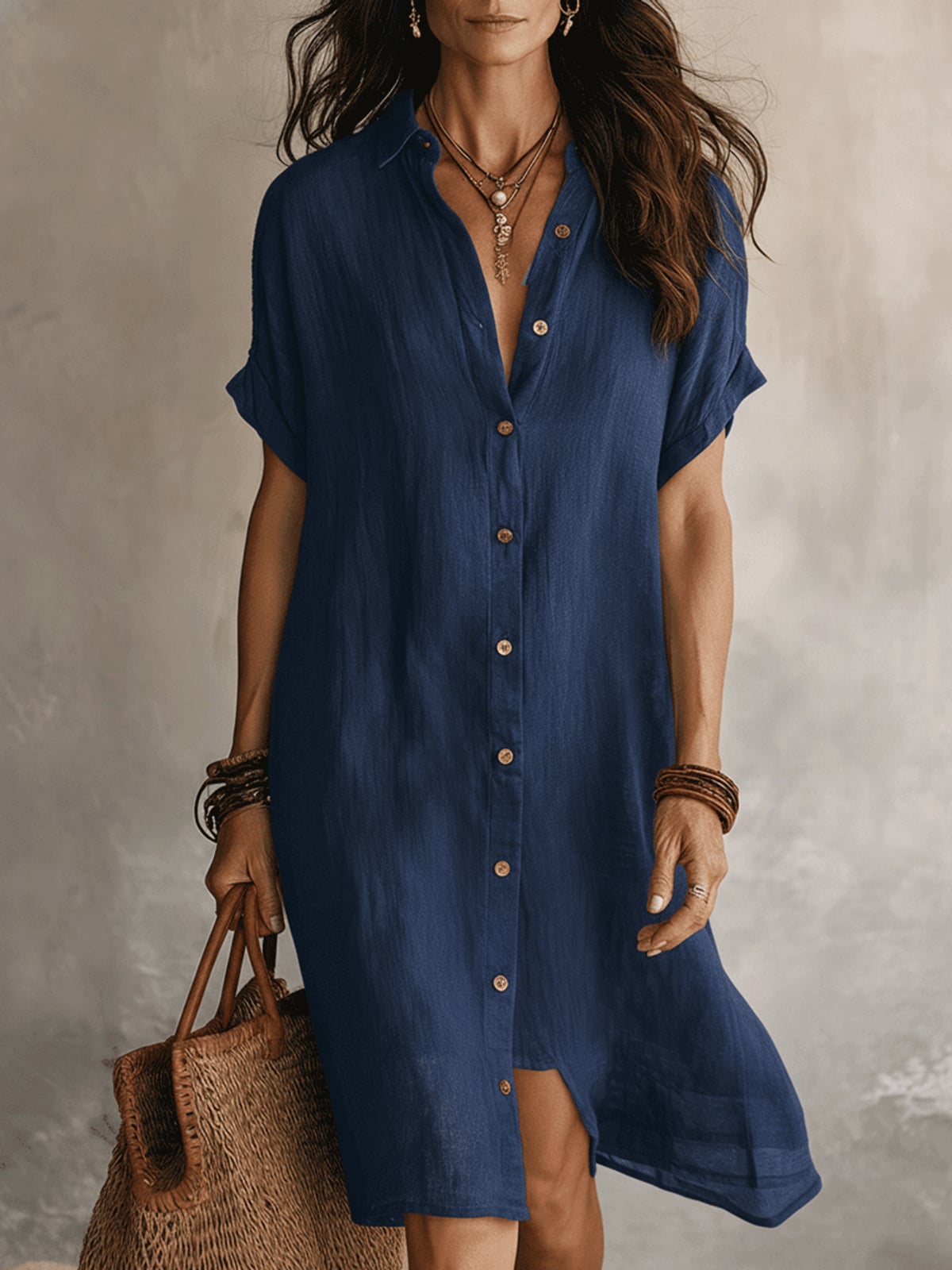 women's short sleeve midi shirt dress in blue