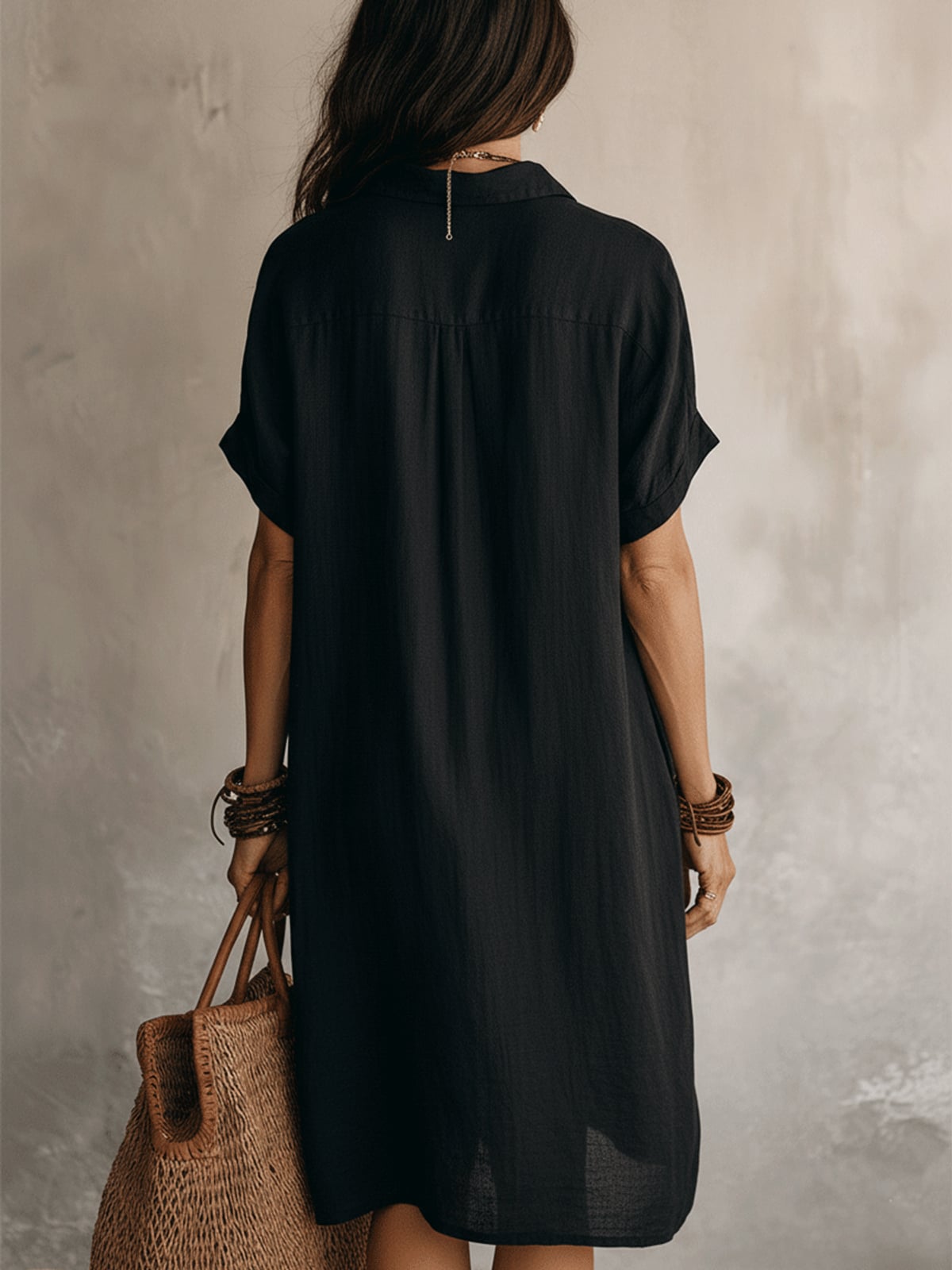 women's short sleeve midi shirt dress in black