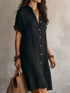 women's short sleeve midi shirt dress in black
