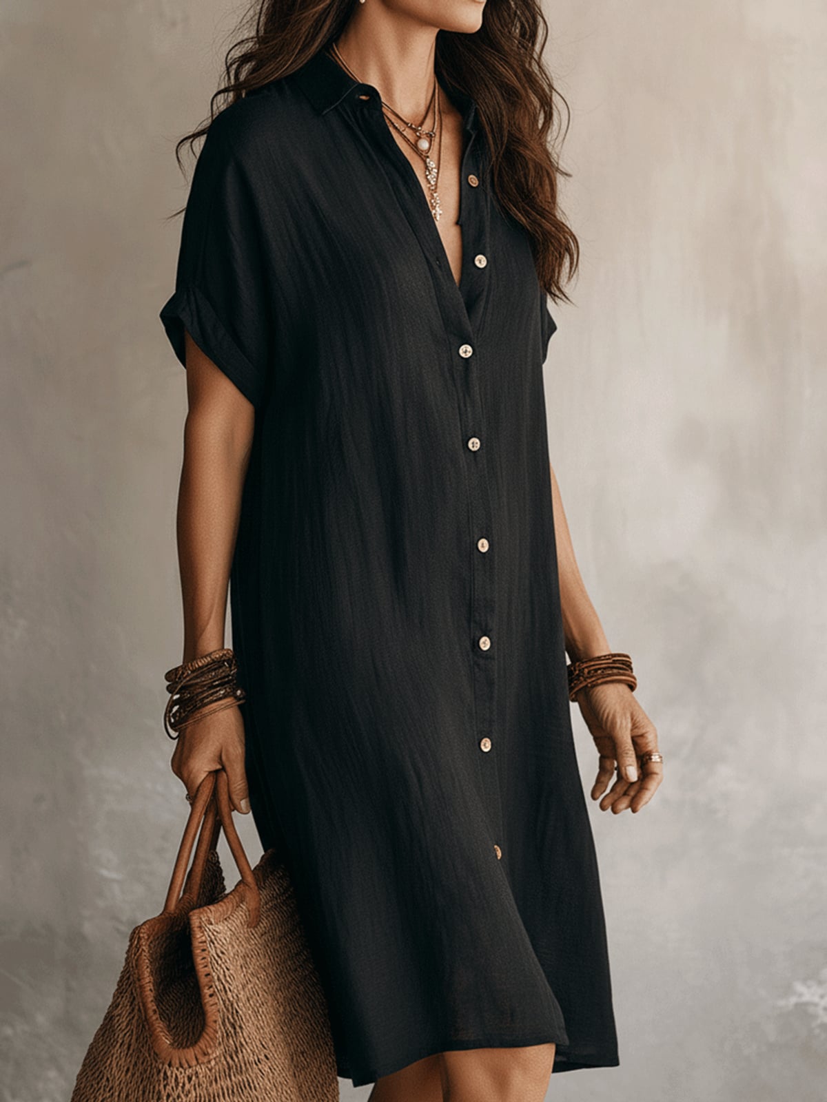 women's short sleeve midi shirt dress in black