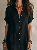 women's short sleeve midi shirt dress in black
