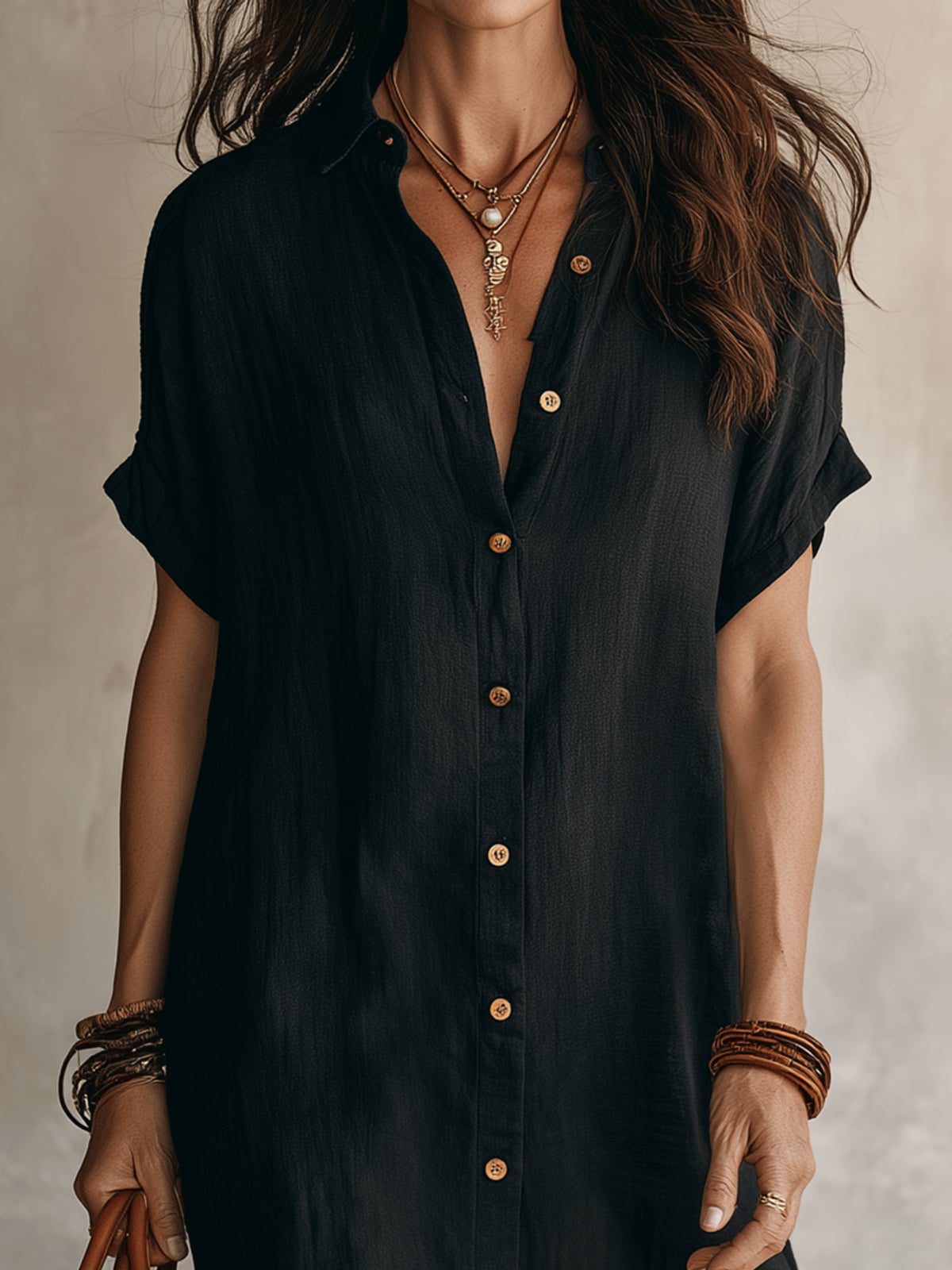 women's short sleeve midi shirt dress in black