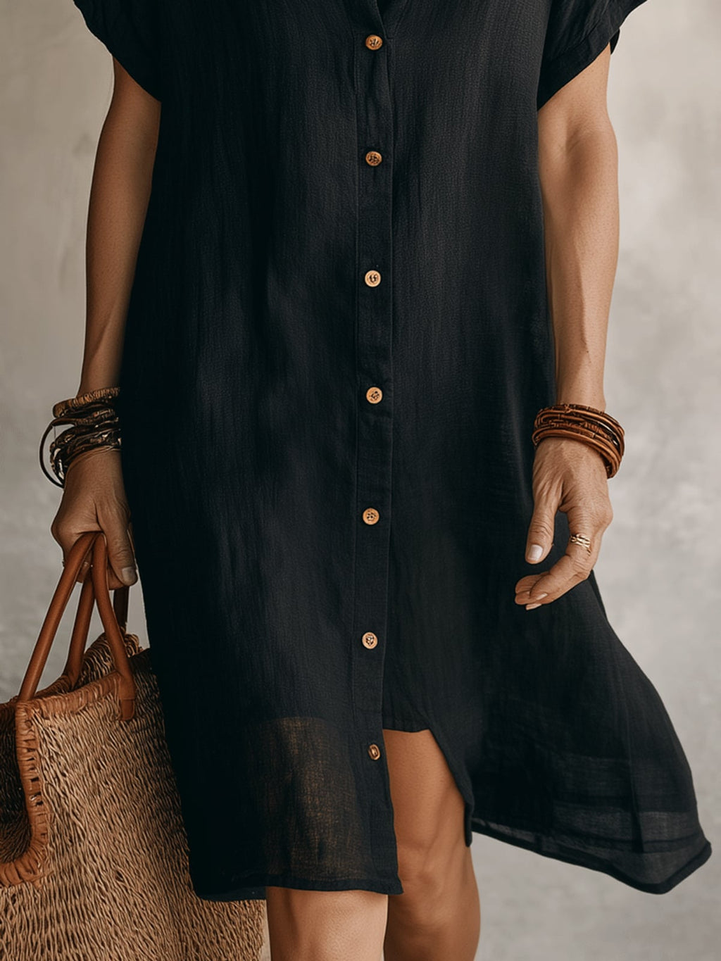 women's short sleeve midi shirt dress in black