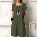 women's short sleeve relaxed midi dress with pockets in green