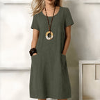 women's short sleeve relaxed midi dress with pockets in green