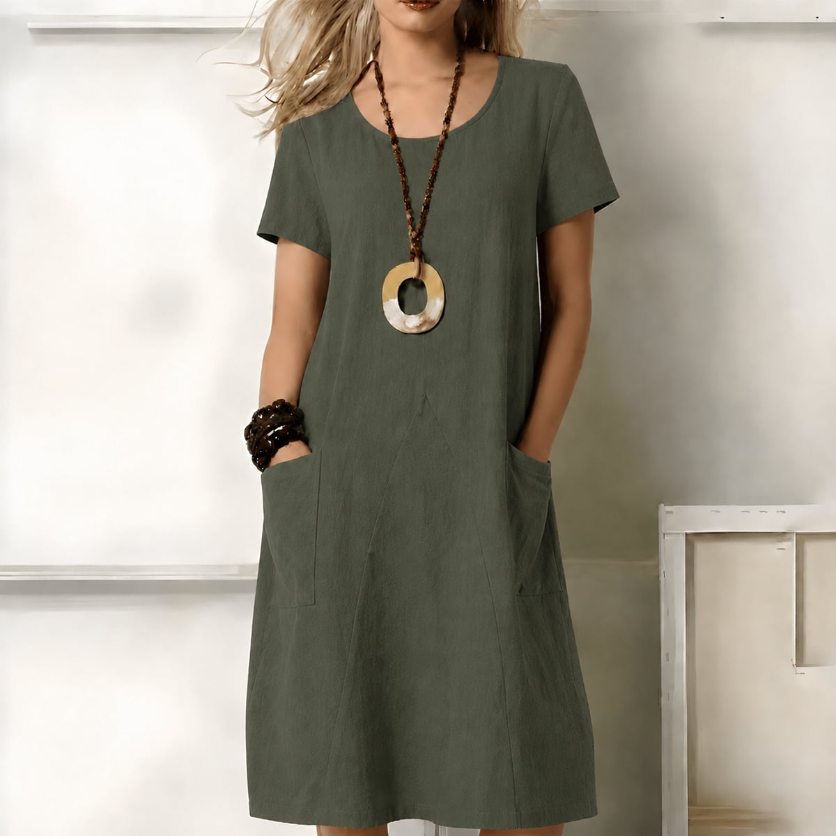 women's short sleeve relaxed midi dress with pockets in green