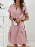 women's short sleeve zip neck midi dress in pink