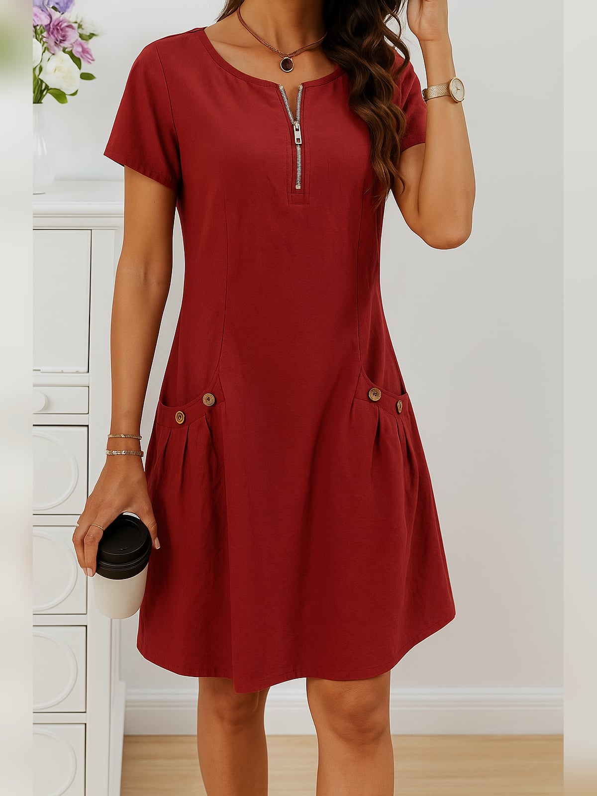 women's short sleeve zip neck midi dress in red