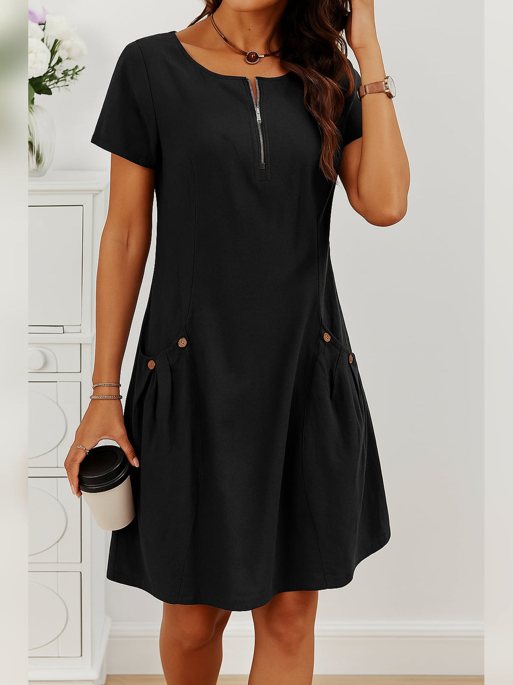 women's short sleeve zip neck midi dress in black