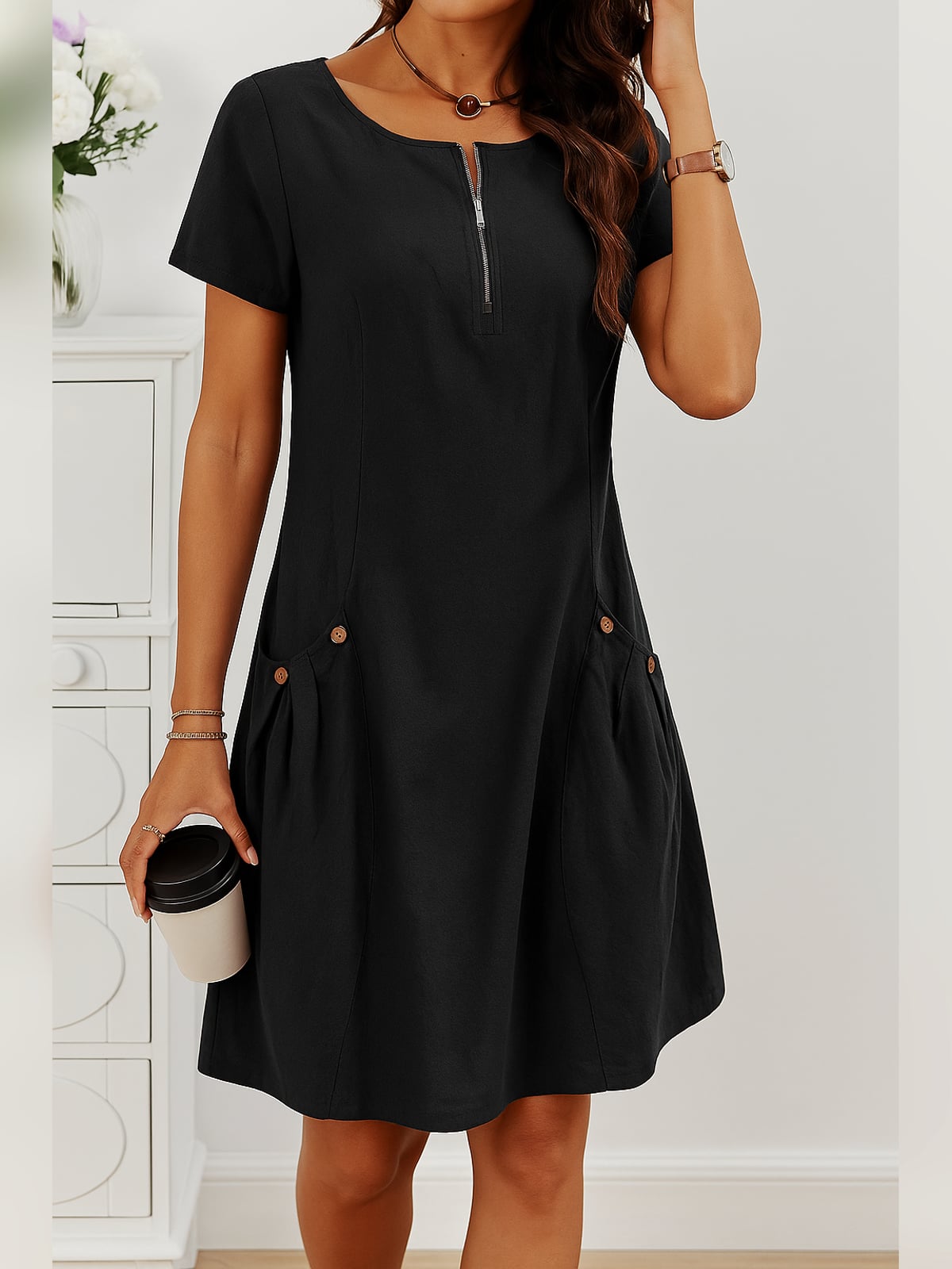 women's short sleeve zip neck midi dress in black