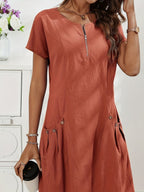 women's short sleeve zip neck midi dress in orange