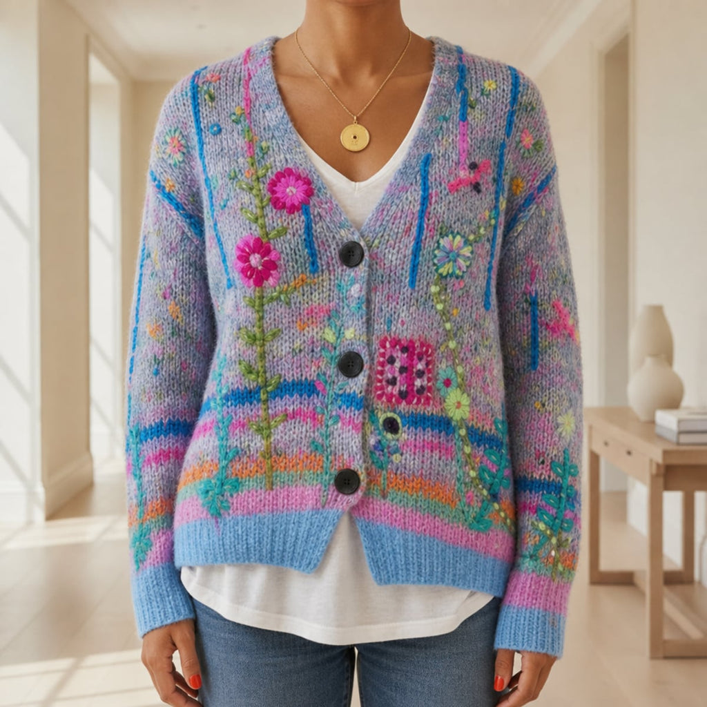 women's slim fit floral embroidered cardigan in blue