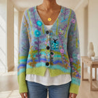 women's slim fit floral embroidered cardigan in green