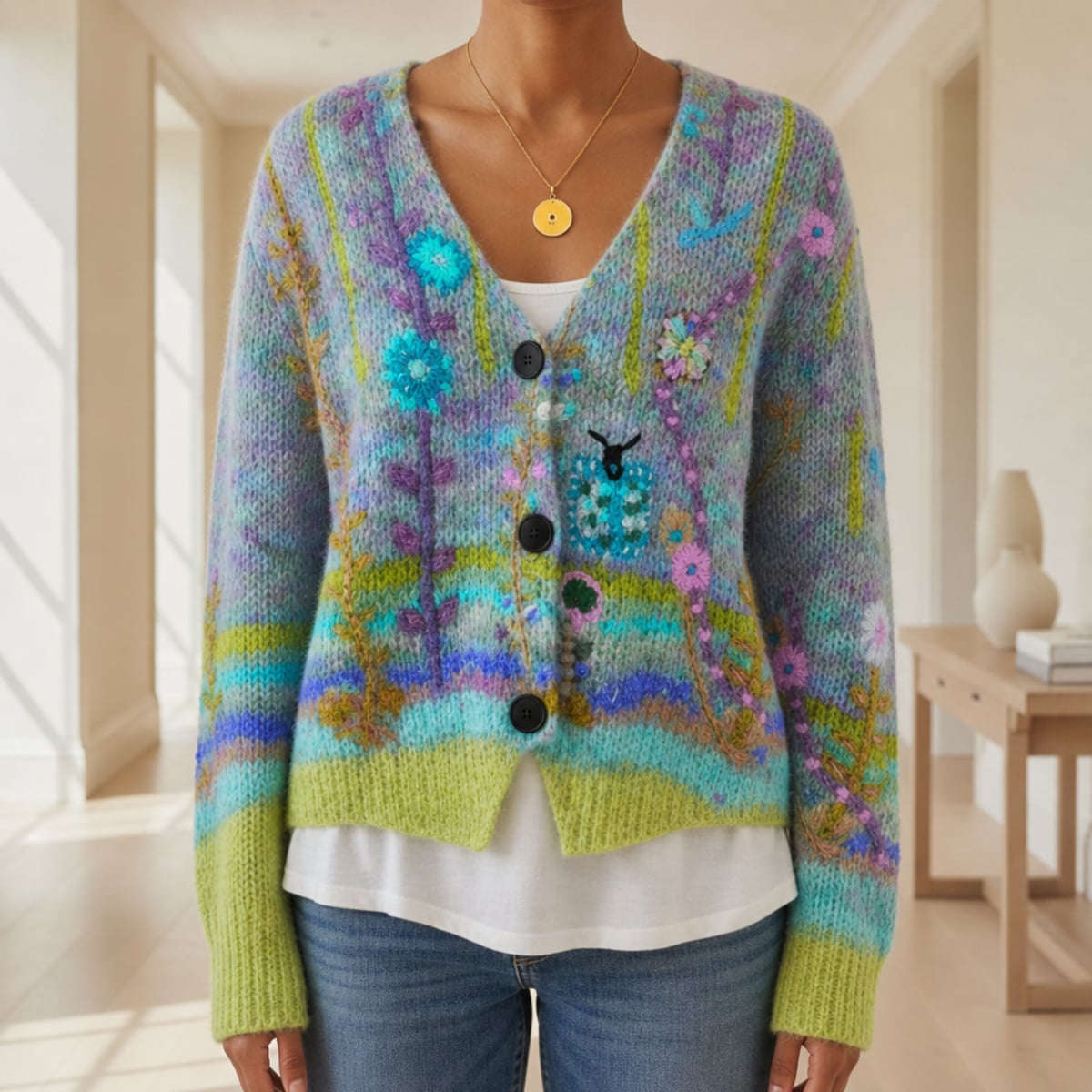 women's slim fit floral embroidered cardigan in green