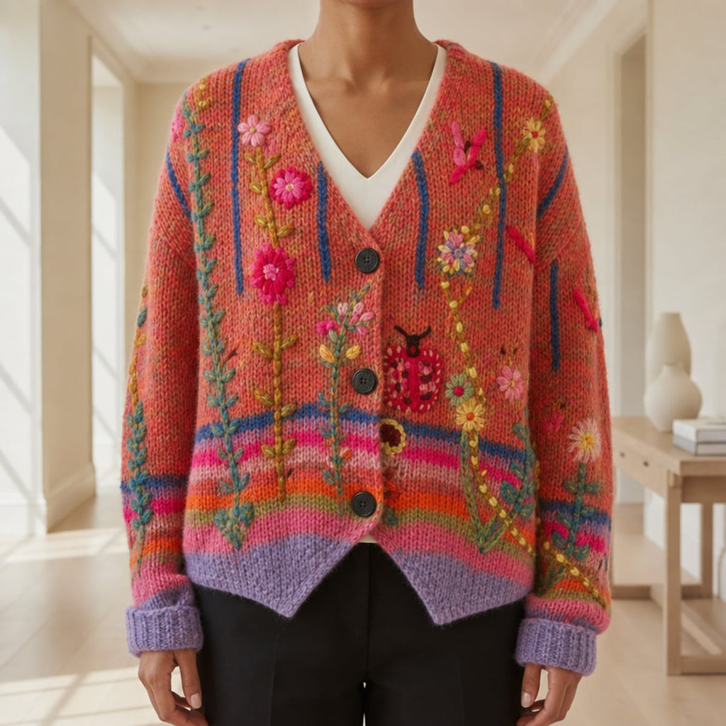 women's slim fit floral embroidered cardigan in red