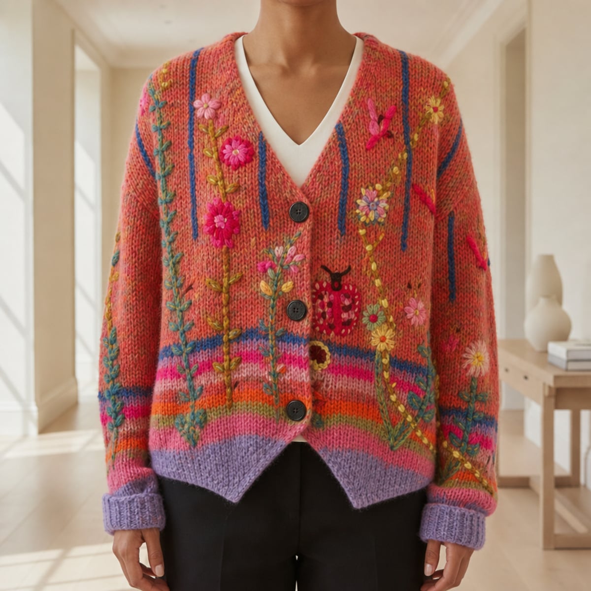 women's slim fit floral embroidered cardigan in red
