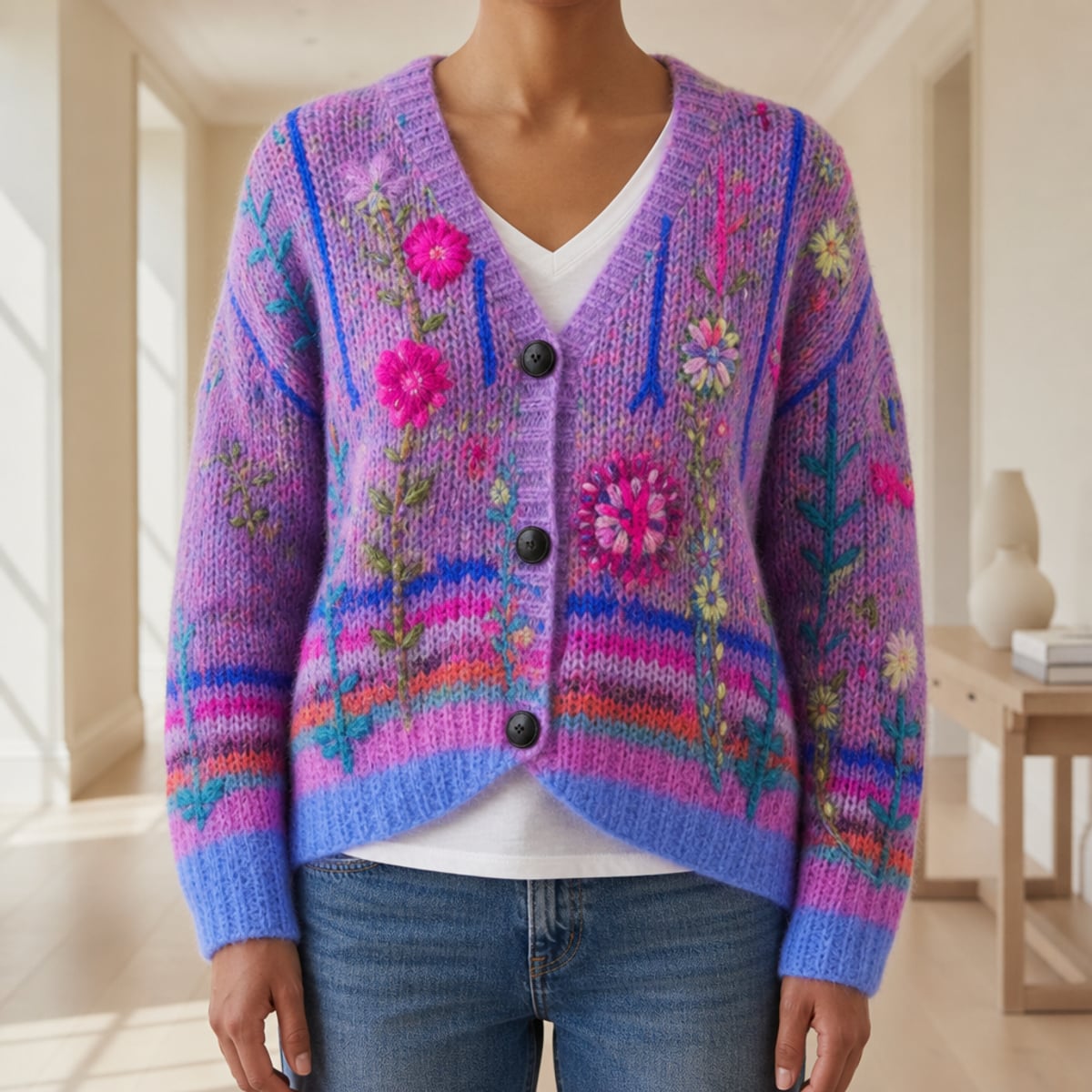 women's slim fit floral embroidered cardigan in purple