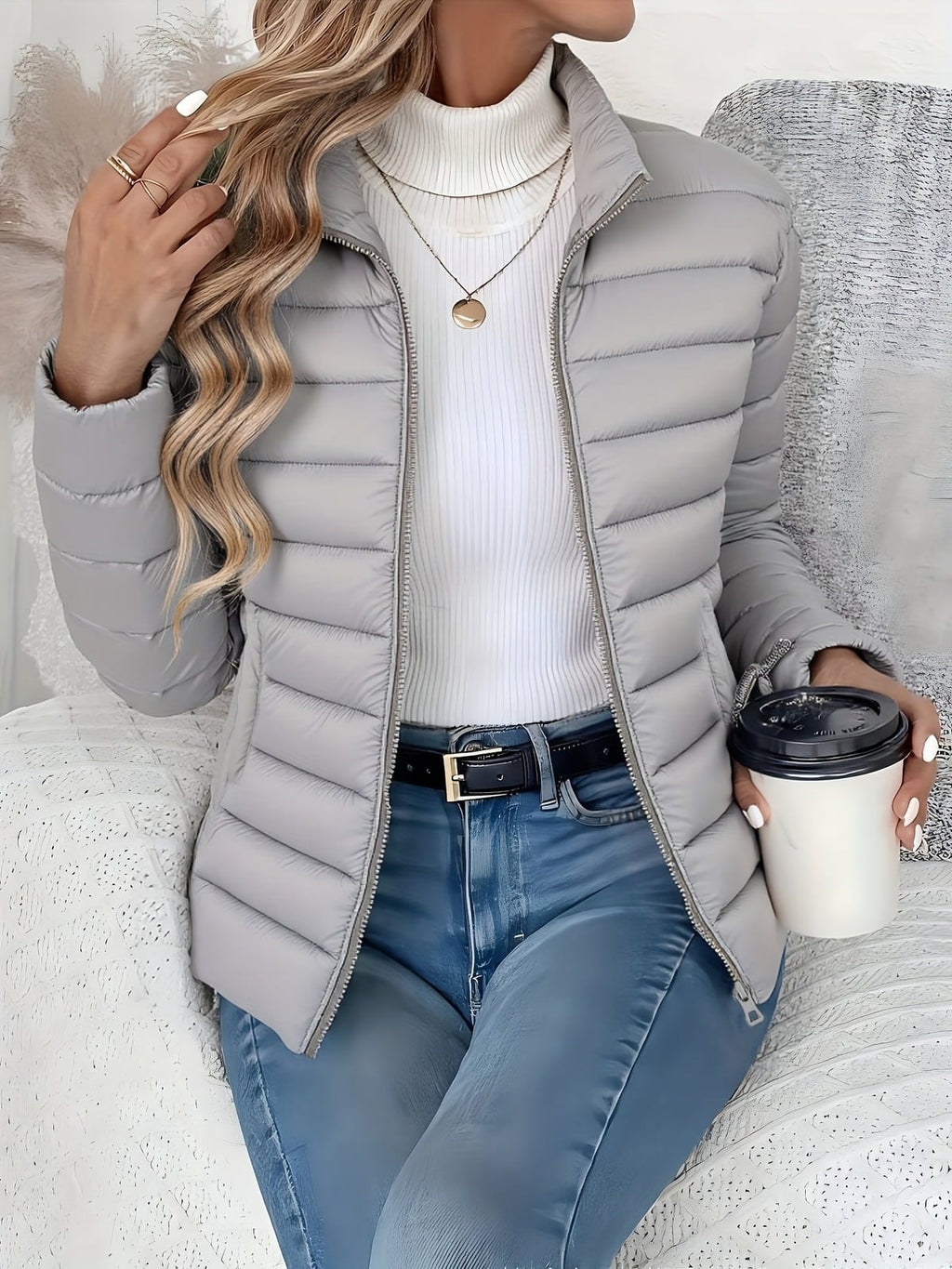 women's slim fit puffer jacket in gray