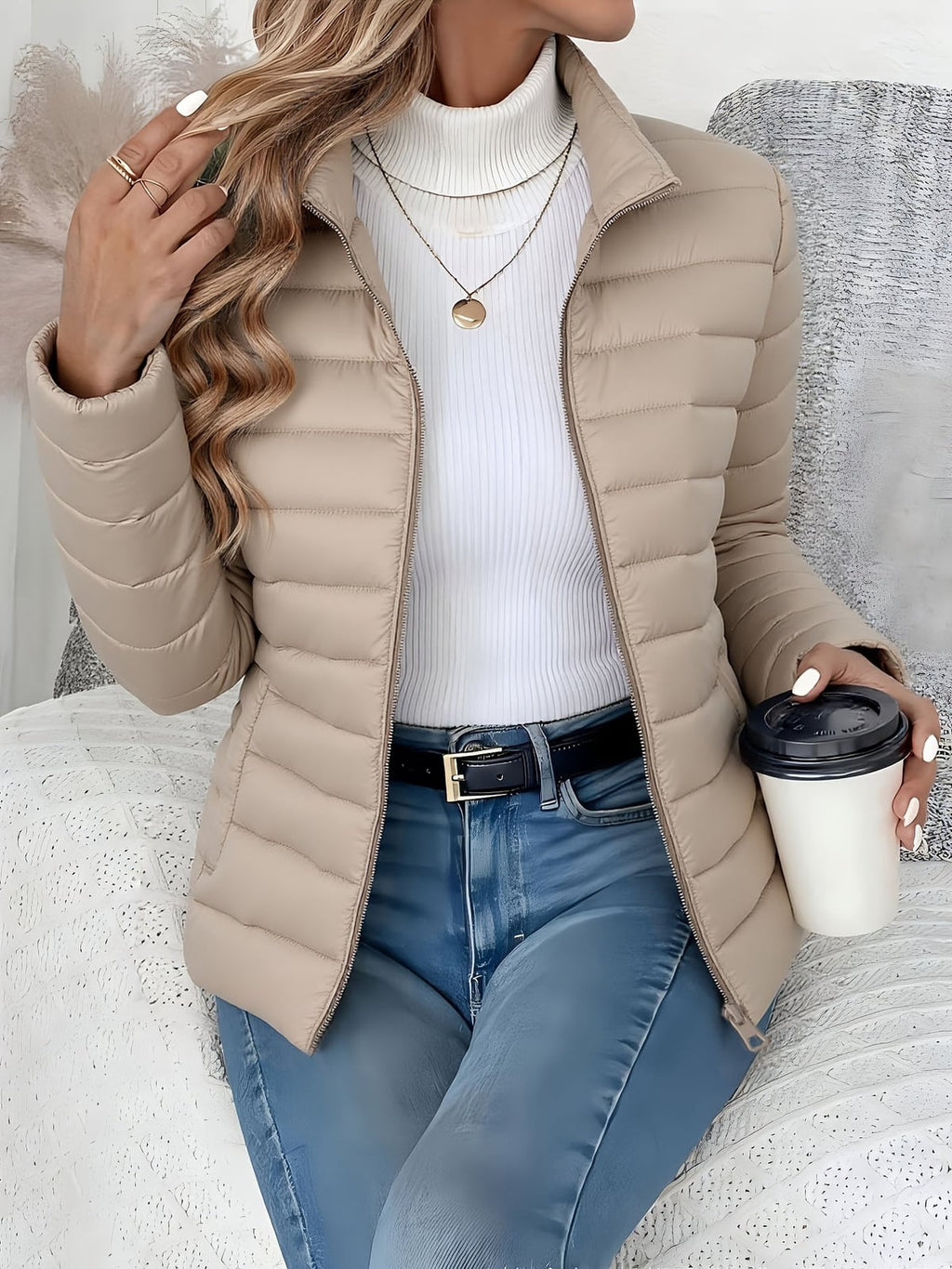women's slim fit puffer jacket in khaki
