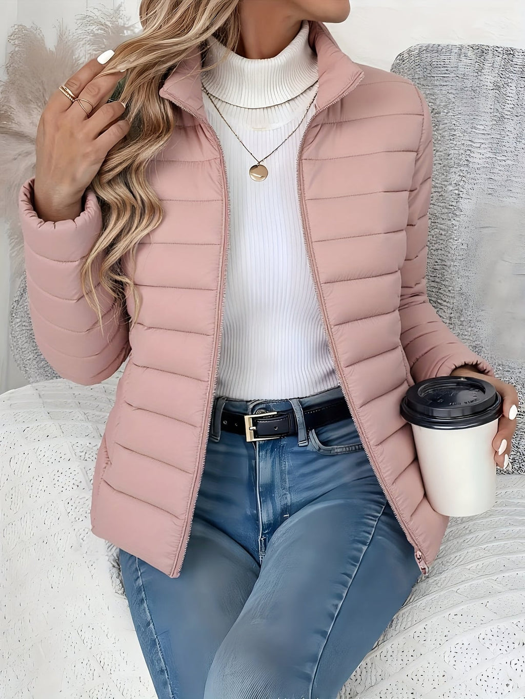 women's slim fit puffer jacket in pink
